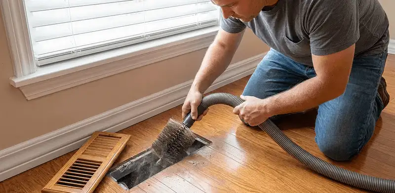 Air duct cleaning technician vacuuming a floor vent and duct opening in Wichita, KS