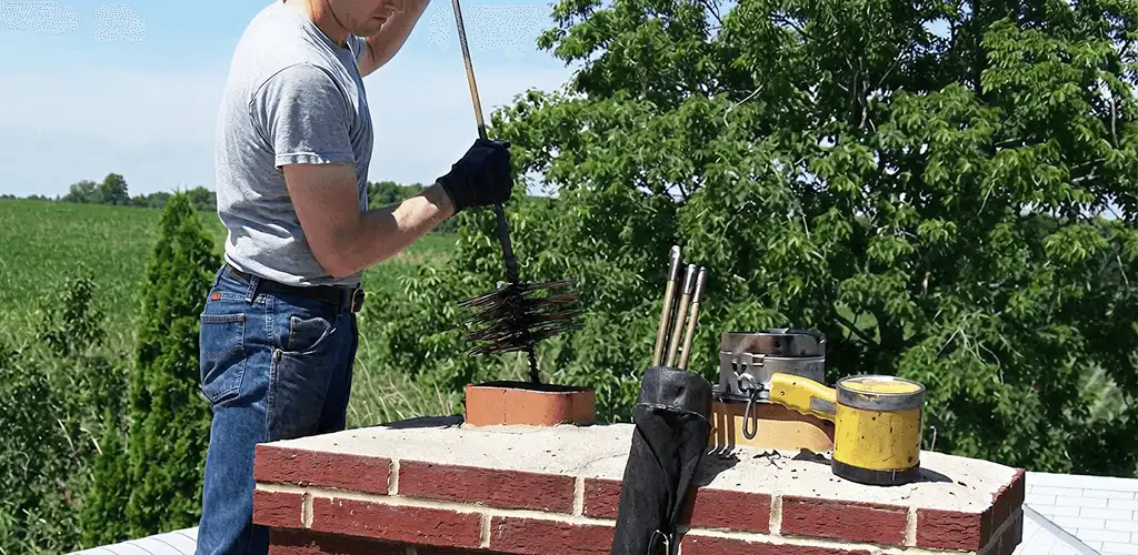 Chimney cleaning technician working on a rooftop chimney with professional tools in Wichita, KS