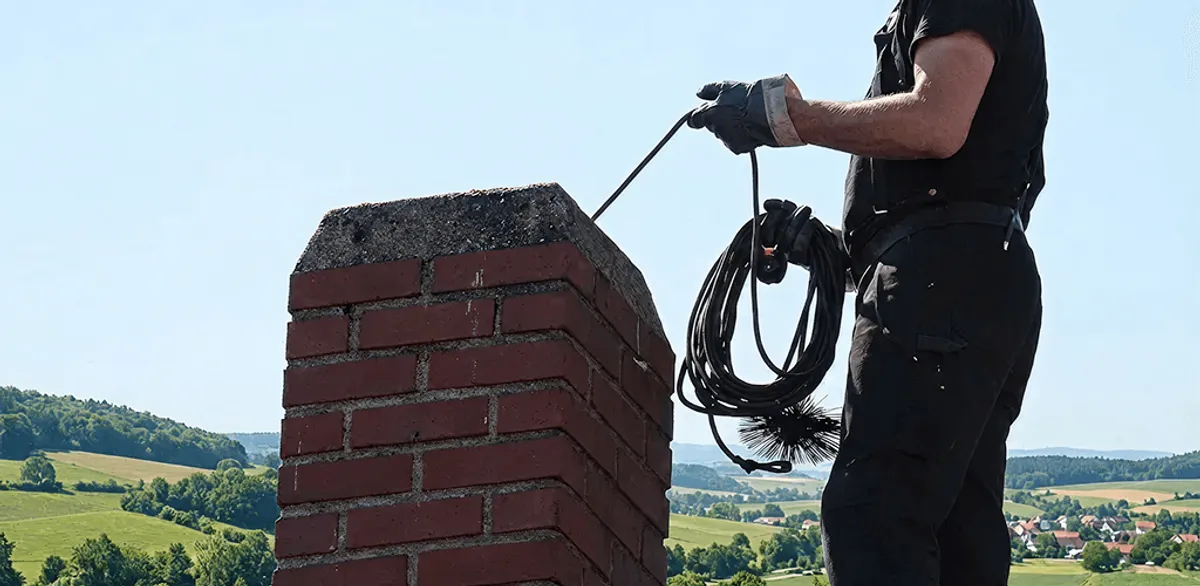 Chimney sweep inspecting and cleaning a rooftop chimney in Wichita, KS