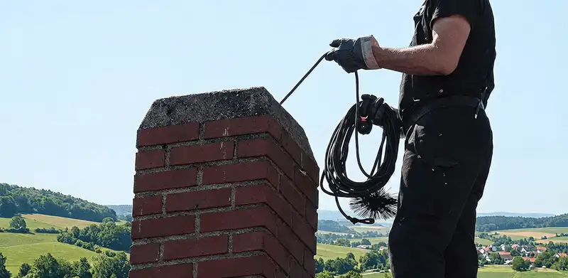 Chimney sweep inspecting and cleaning a rooftop chimney in Wichita, KS