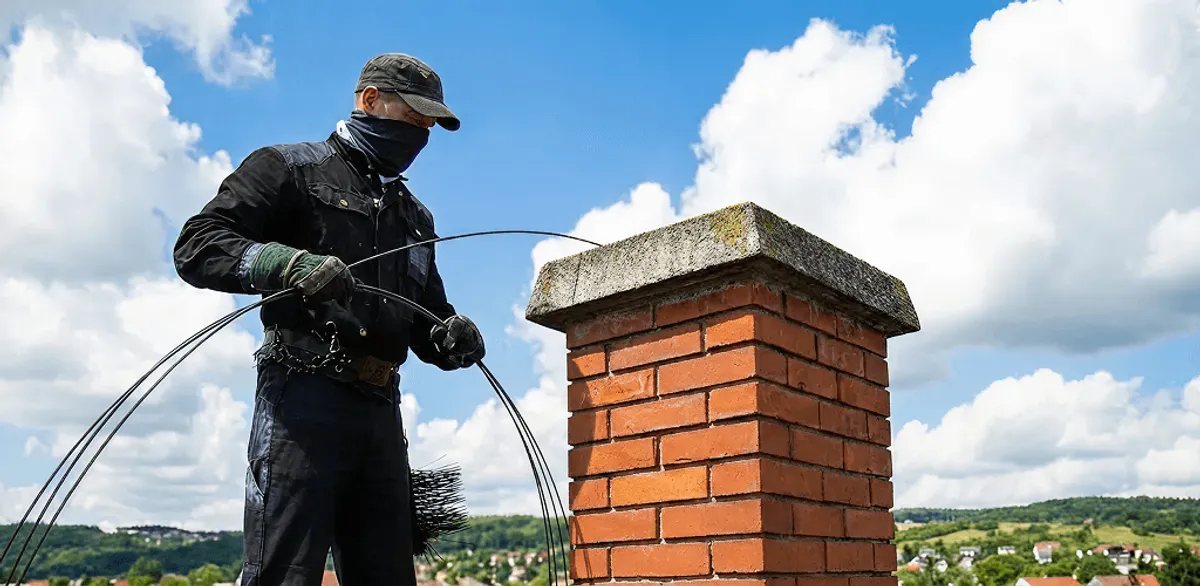 Chimney sweep cleaning a brick chimney with professional tools in Wichita, KS