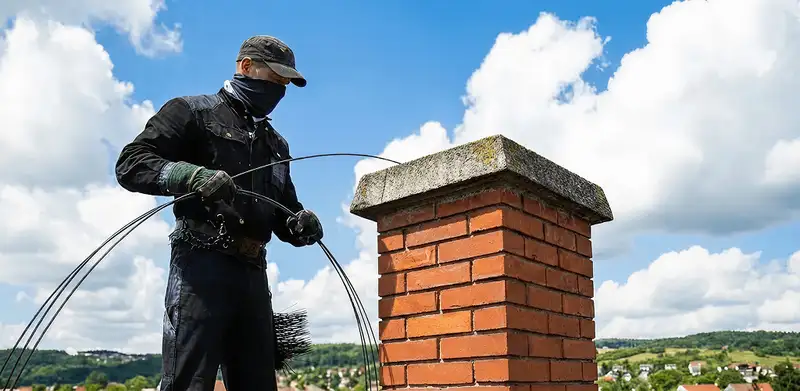 Chimney sweep cleaning a brick chimney with professional tools in Wichita, KS