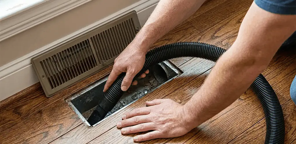 Air duct cleaning technician vacuuming a floor register and duct opening in Wichita, KS
