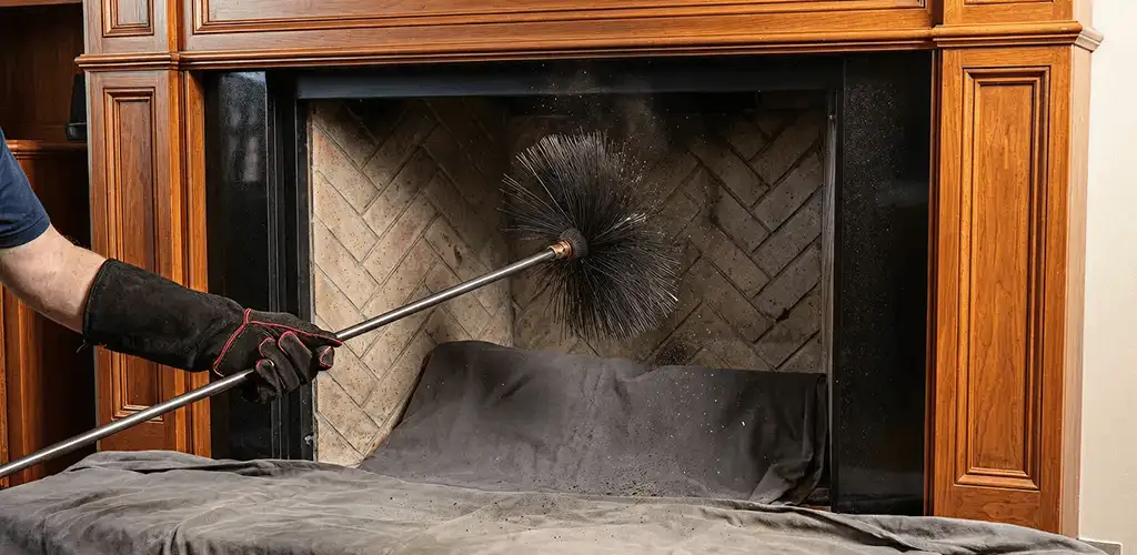 Chimney cleaning service brushing soot from a fireplace and flue in Wichita, KS