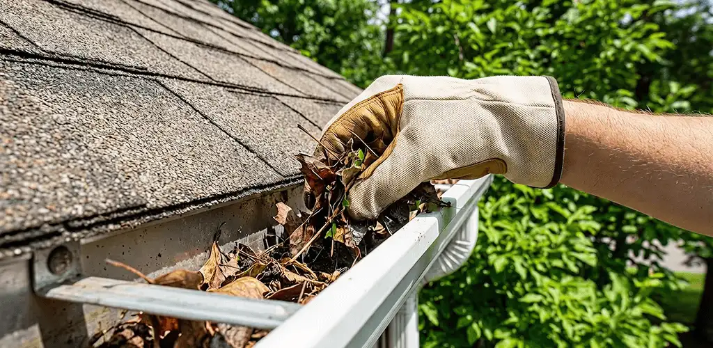 Gutter cleaning removing leaves and debris from roof gutters in Wichita, KS