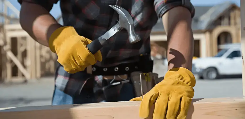 Handyman fixing wood trim with a hammer for home repairs in Wichita, KS