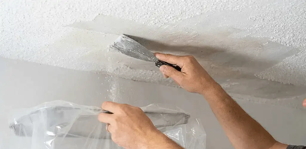 Popcorn ceiling removal technician scraping texture from a ceiling in Wichita, KS