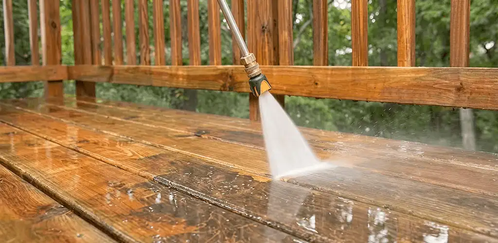 Pressure washing a wood deck to remove dirt and buildup in Wichita, KS