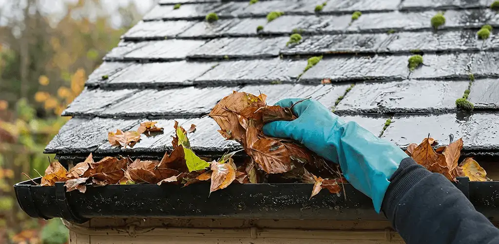 Gutter cleaning technician clearing wet leaves from roof gutters in Wichita, KS