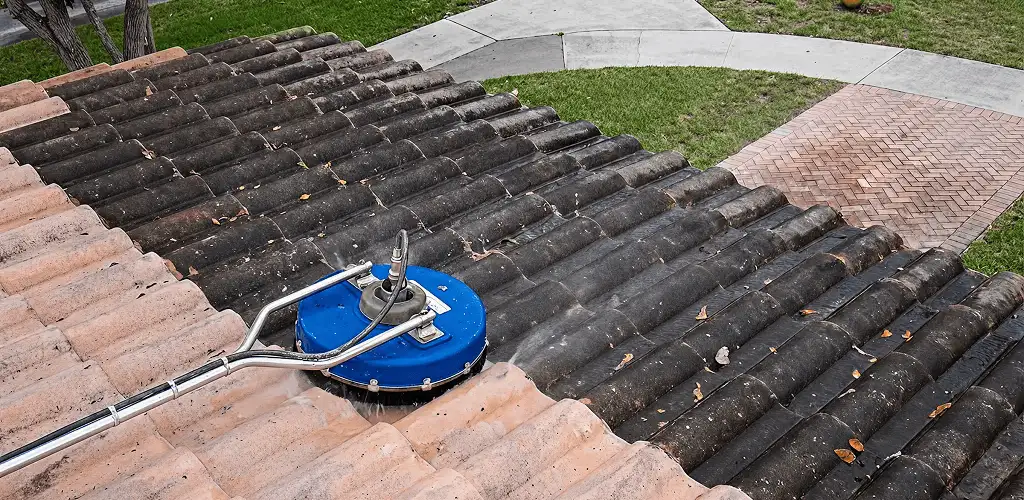 Roof pressure cleaning removing debris and buildup from roof tiles in Wichita, KS