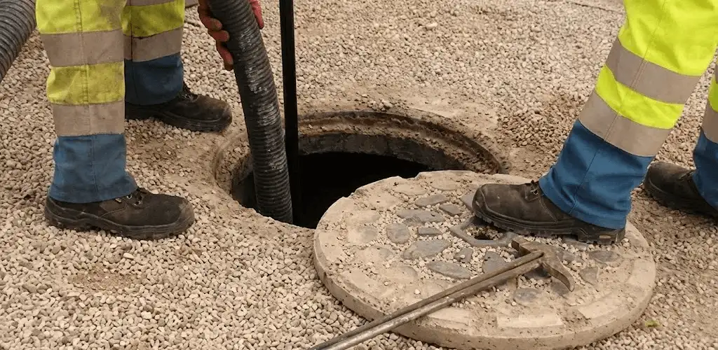 Drain cleaning crew clearing a sewer access point with professional equipment in Wichita, KS