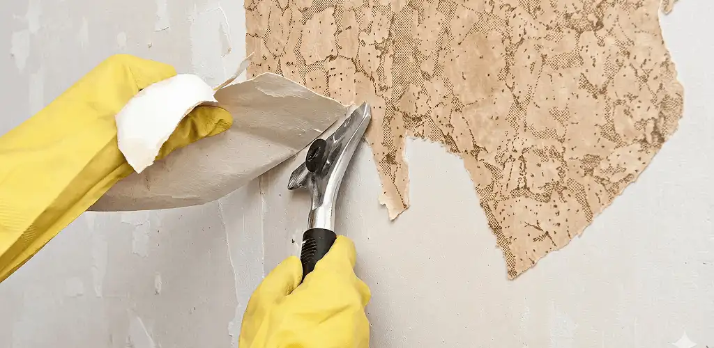 Wallpaper removal service stripping old wallpaper from a wall in Wichita, KS